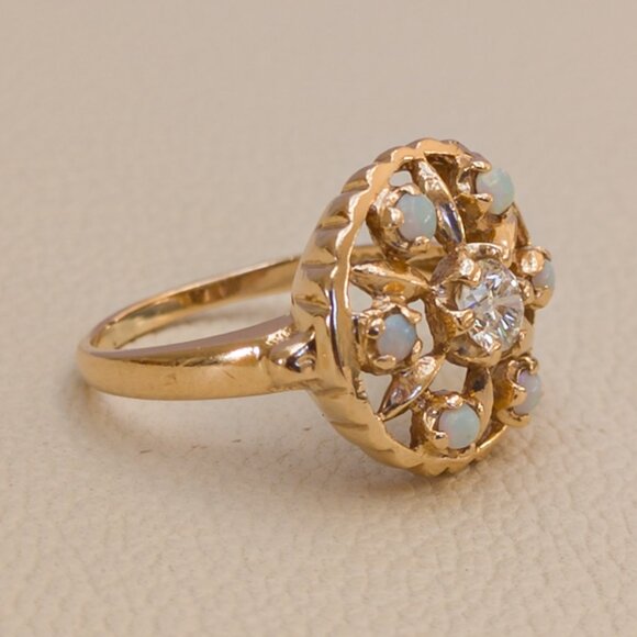 Vintage 14k Gold Rosette Ring · .25 ct Diamond + Opal Halo · Sz 6 ½ - Picture 8 of 16